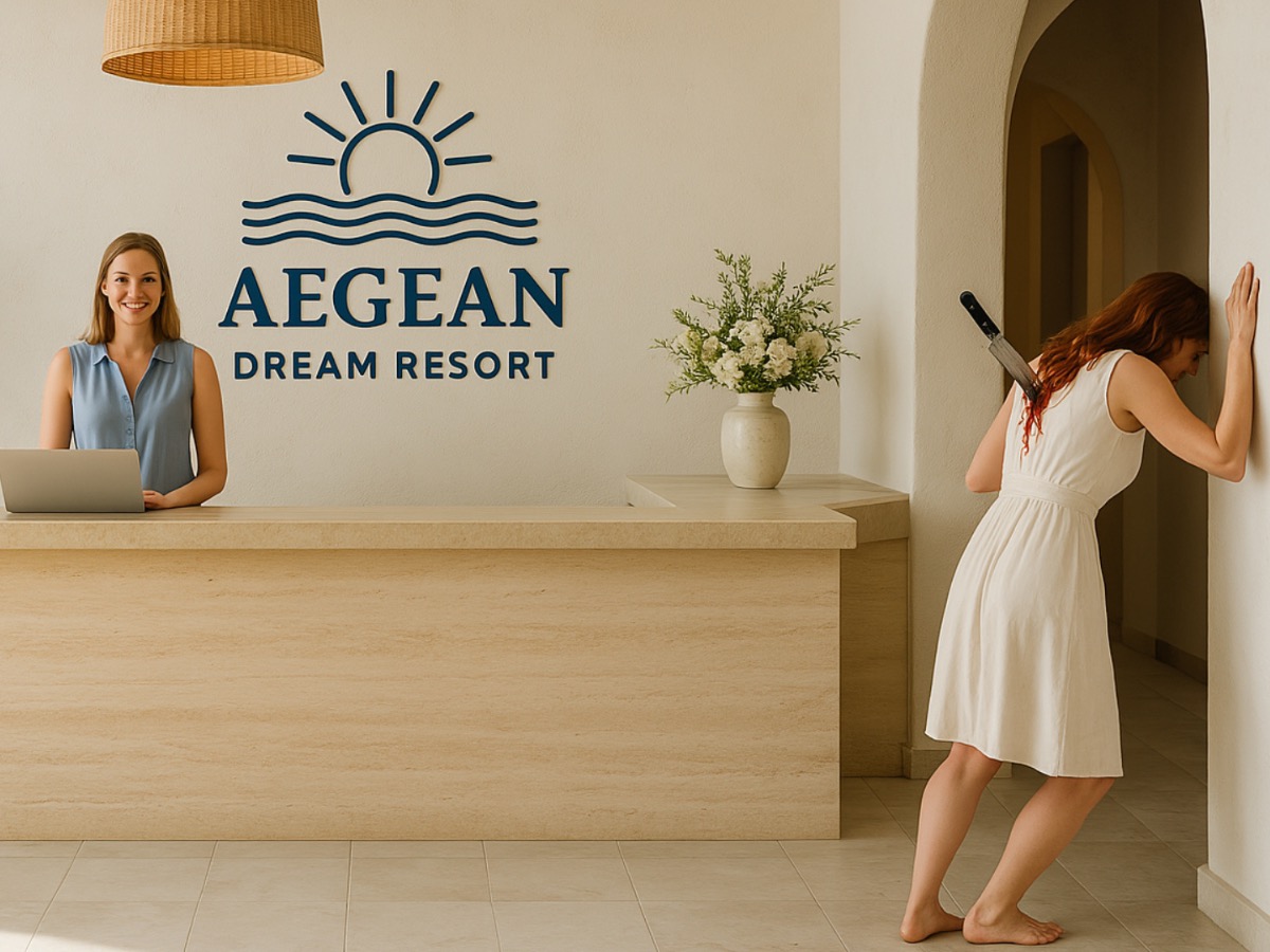 The Aegean Dream Resort reception — a clean Mediterranean lobby with the resort's wave-and-sun logo on the back wall, a receptionist at the desk, a guest leaning against the archway.