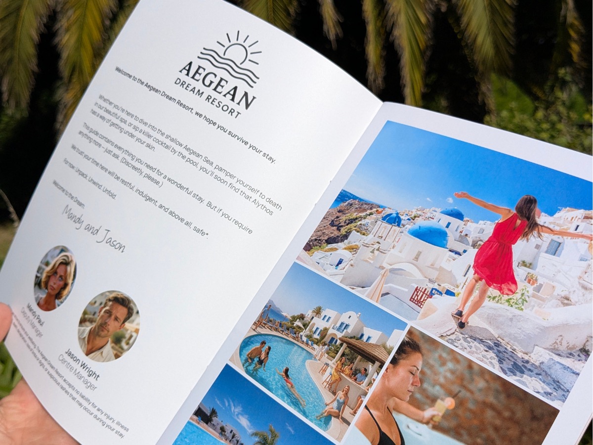A photograph of the printed Aegean Dream Resort brochure, open to a spread showing the resort logo, two staff profile circles, and a collage of resort photography — Greek-style white buildings, a pool, a woman in red walking through the resort.