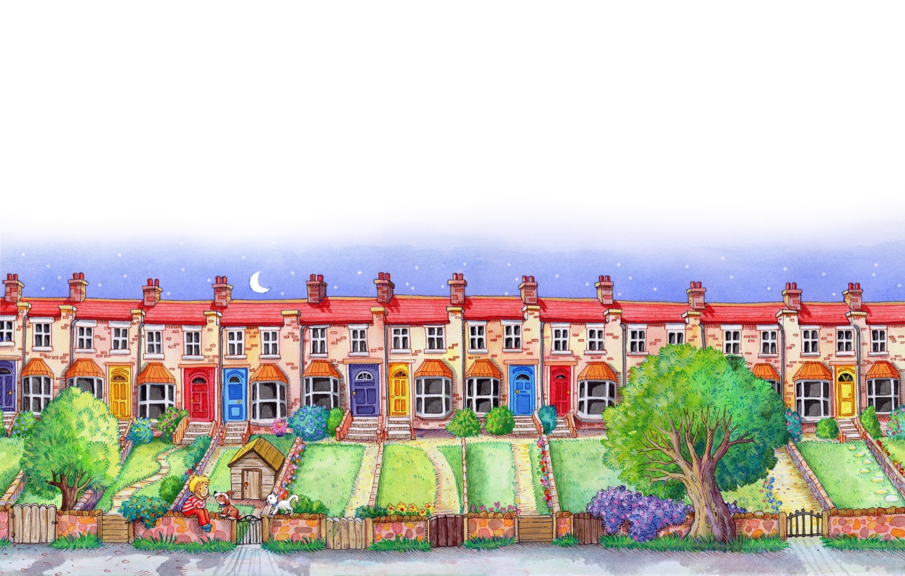 Spread from pages 6 and 7 of The Hole in Casey's Garden — watercolour illustration.