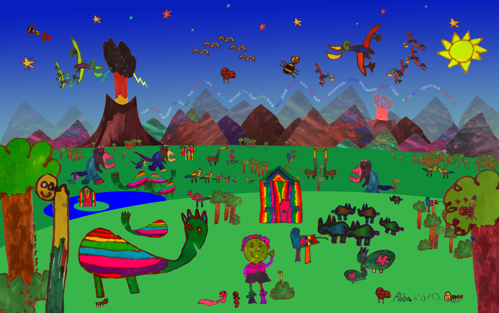 The final Rainbow Dinosaur World endpapers — a vivid kids' painting of dinosaurs, volcanoes, mountains, hot-air balloons and stars, photographed and composited from the kids' own watercolour work.