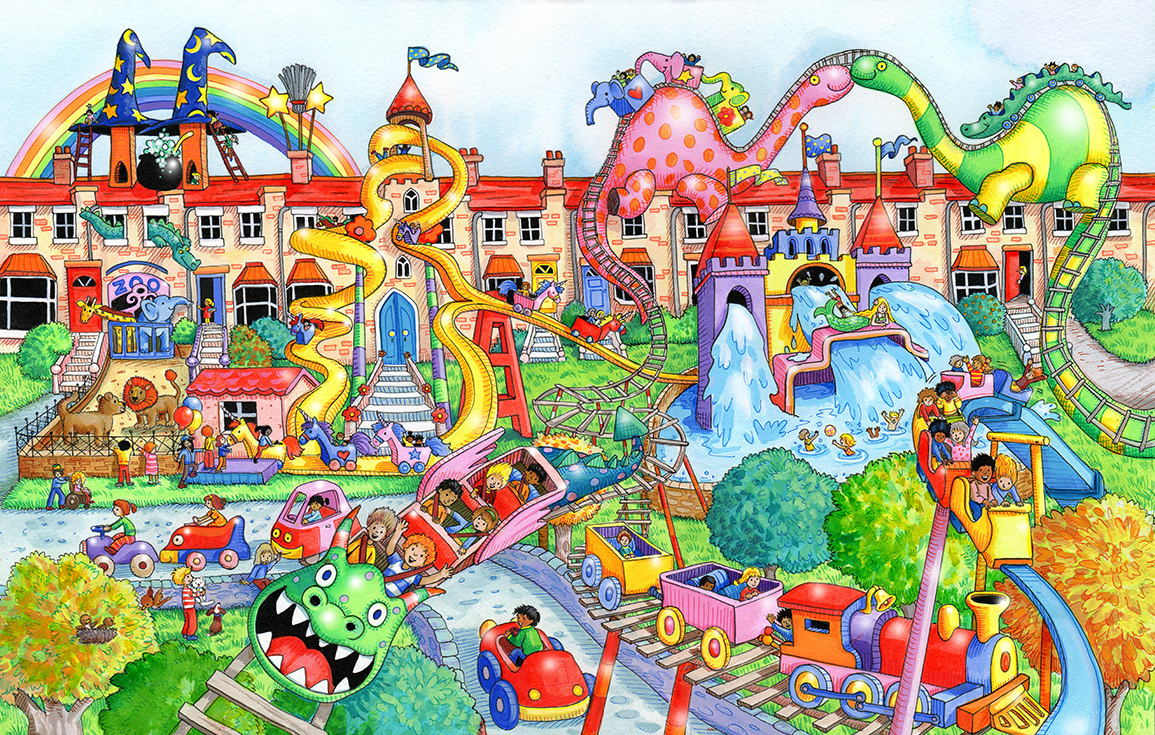 A double-page Gill Guile watercolour spread from The Hole in Casey's Garden — a fantastical underground world of rollercoasters, slides, dinosaurs and a wizard's castle in a rainbow.